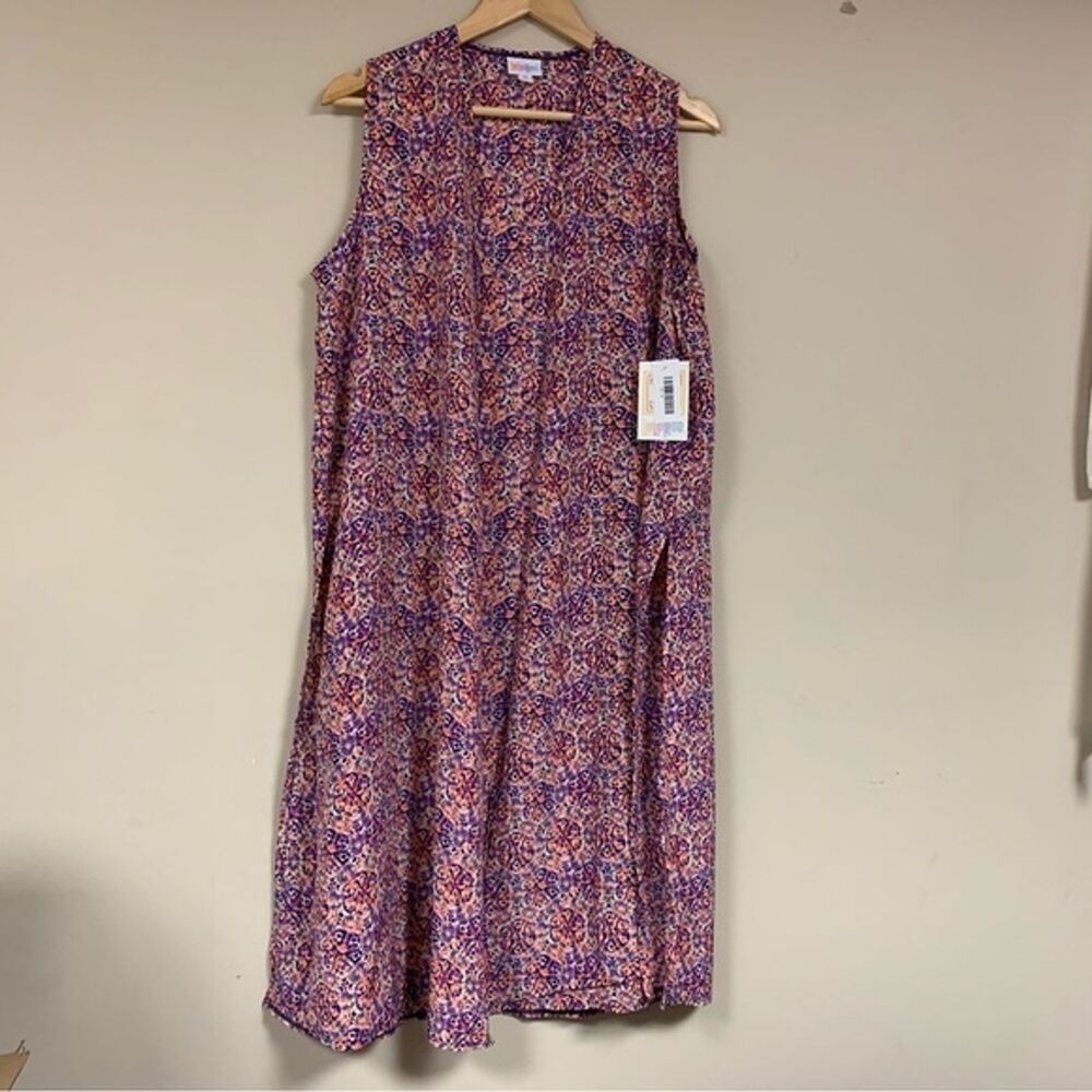 NWT LULAROE Joy Duster Vest Cardigan Womens M Purple Orange Geo Open Front Flowy - Picture 2 of 10
